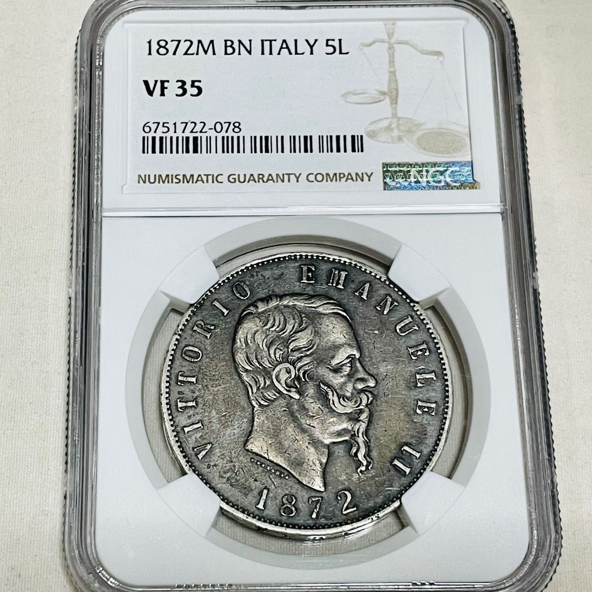 1872 イタリア 5リラ 大型銀貨 ヴィットリオ・エマニュエル2世 1872 イタリア 5リラ 大型銀貨 ヴィットリオ・エマニュエル2世