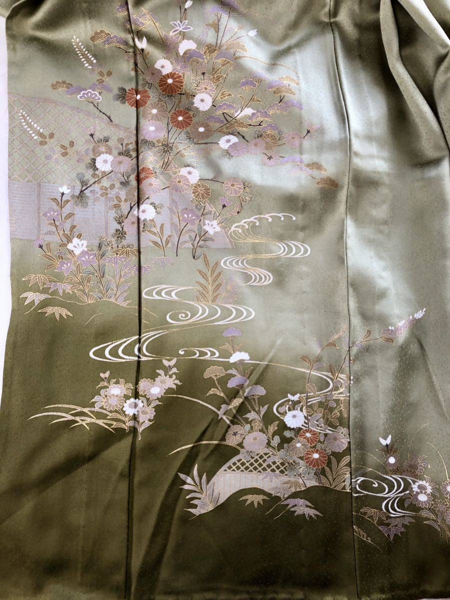 国内発送 単衣 正絹 訪問着 一つ紋 縫い紋 秋単衣 山葵色 仕立て