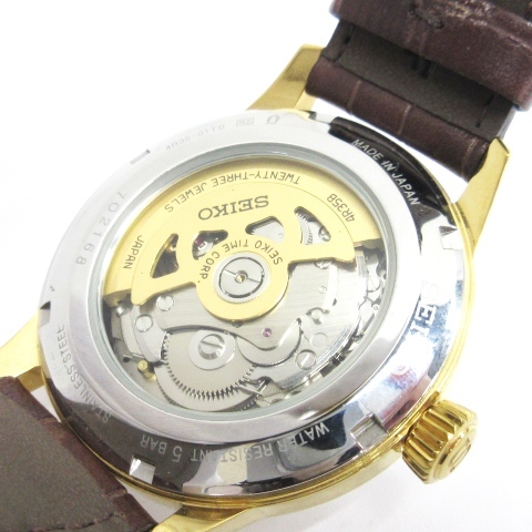 セイコー SEIKO プレサージュ 自動巻き 腕時計 デイト 裏スケルトン レザーベルト 4R35-01T0 ゴールドカラー ブラウン メンズ_画像6