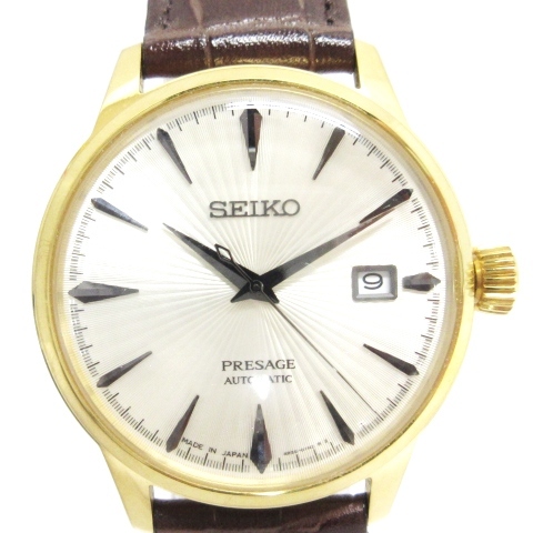 セイコー SEIKO プレサージュ 自動巻き 腕時計 デイト 裏スケルトン レザーベルト 4R35-01T0 ゴールドカラー ブラウン メンズ