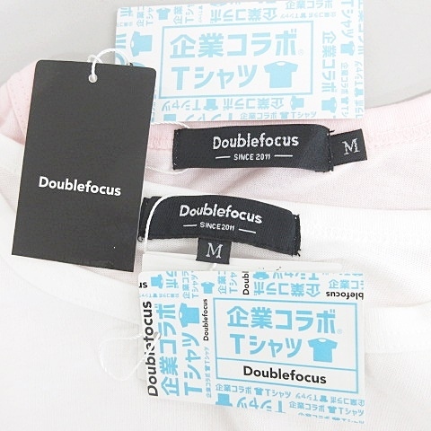 未使用品 Doublefocus Tシャツ 2枚セット 企業コラボ RISINGWAVE コーンポタージュ 半袖 丸首 文字 プリント 綿 ピンク 白 ホワイト M_画像3