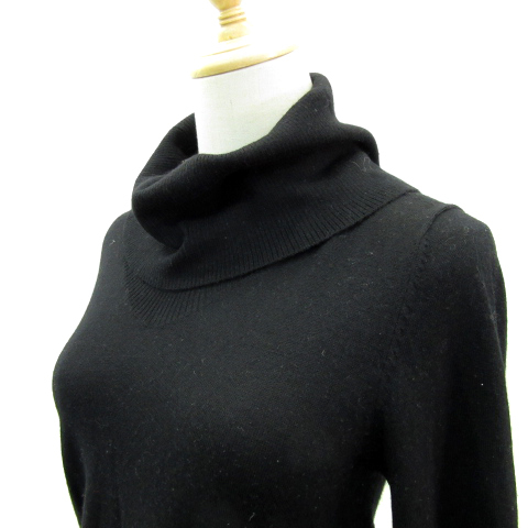  Vicky knitted One-piece mini height long sleeve ta-toru neck plain border pattern pleat ribbon wool .2 black black white #MO lady's 