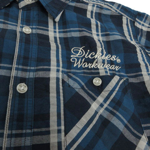 ディッキーズ Dickies シャツ ワークシャツ レギュラーフィット 半袖 胸ポケ ロゴ刺繍 コットン混 チェック ブルー 青 紺 白 XL_画像3