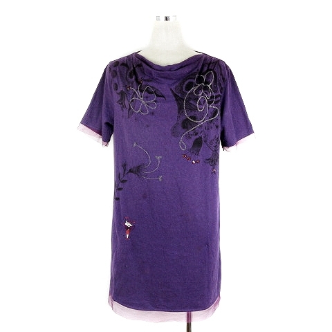 aru Velo Velo olleborebla T-shirt cut and sewn short sleeves tunic height cotton pig san print embroidery beads rhinestone purple lady's 