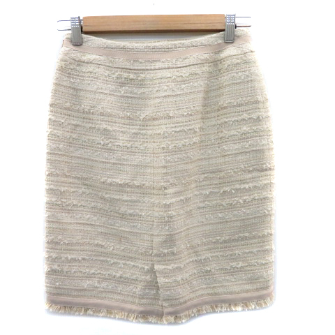  Michel Klein MICHEL KLEIN tight skirt knee height slit fringe tweed 36 beige /YK18 lady's 
