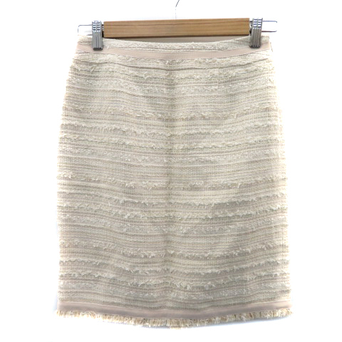  Michel Klein MICHEL KLEIN tight skirt knee height slit fringe tweed 36 beige /YK18 lady's 