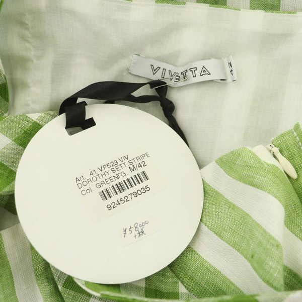 未使用品 ヴィヴェッタ VIVETTA ワンピース 膝丈 ノースリーブ チェック×ストライプ フルーツ刺繍 ギャザー イタリア製 42 緑 グリーン_画像3