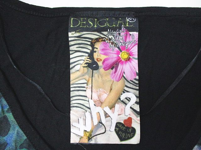 デシグアル Desigual ドット 花柄 長袖 チュニック カットソー M 黒系 ブラック プリント 刺繍 ラメ リボン レディース_画像3