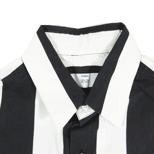 スタジオセブン STUDIO SEVEN ストライプ シャツ 半袖 刺繍 ワンポイント ホワイト ブラック M メンズ レディース_画像4
