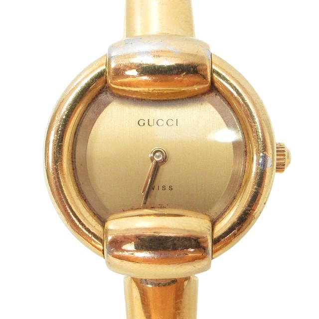 グッチ GUCCI 1400L バングルウォッチ 腕時計 クォーツ 2針 ゴールド文字盤 金色 ゴールド色 動作品 電池交換済 0914 ■GY12 レディース