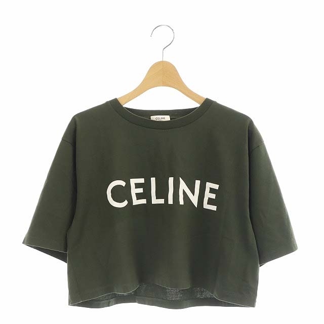 セリーヌ CELINE エディスリマン クロップド CELINE Tシャツ カットソー 半袖 ロゴ S カーキ ホワイト 2X761671Q レディース