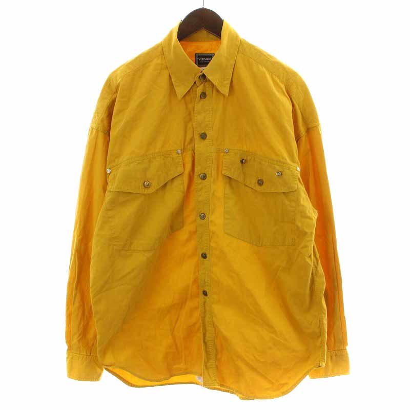 激安通販の コットン カジュアルシャツ COUTURE JEANS VERSACE ヴェルサーチジーンズ ポケット メンズ イエロー 黄色 M 長袖 メデューサボタン 長袖シャツ