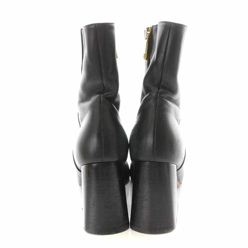  Sports Max Max Mara SPORT MAX short boots leather round tu tea n key heel high heel 36.5 23.5cm black 