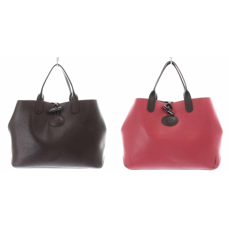  Long Champ LONGCHAMProzoROSEAU tote bag handbag leather reversible tea Brown pink /YI15 *D lady's 