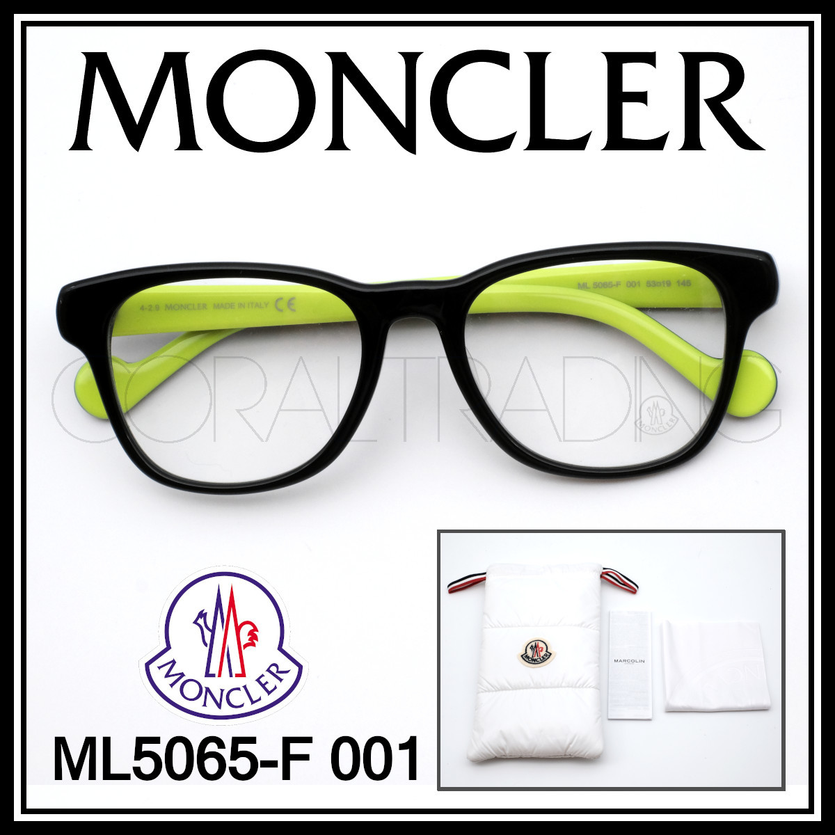 23455★新品本物！MONCLER ML5065-F 001 ブラック/ライムグリーン モンクレール アジアンフィットモデル セルフレーム メガネ 眼鏡