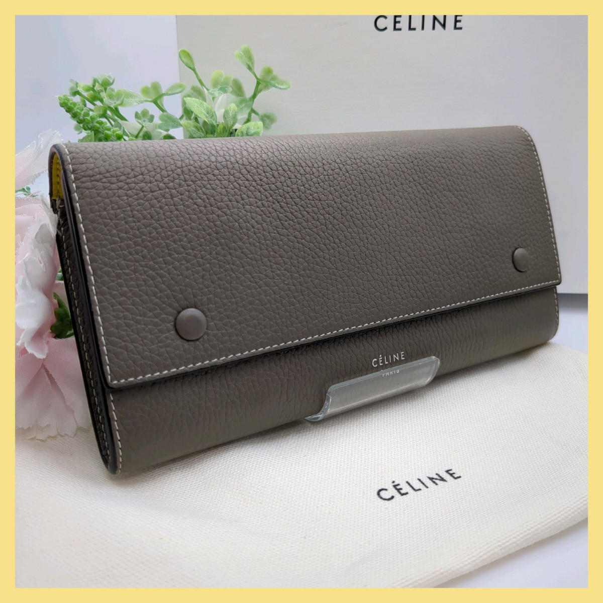 新版 CELINE 美品 セリーヌ ダブルボタン くるみボタン イエロー 財布