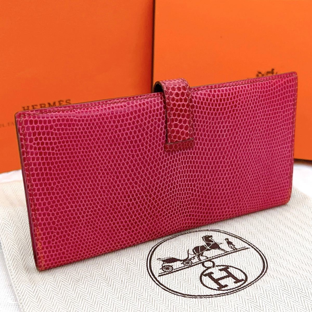 極上美品 【新品同様】 HERMES エルメス 長財布 ベアン クラシック リザード フューシャ ピンク 刻印 Ｉ　メンズ レディース