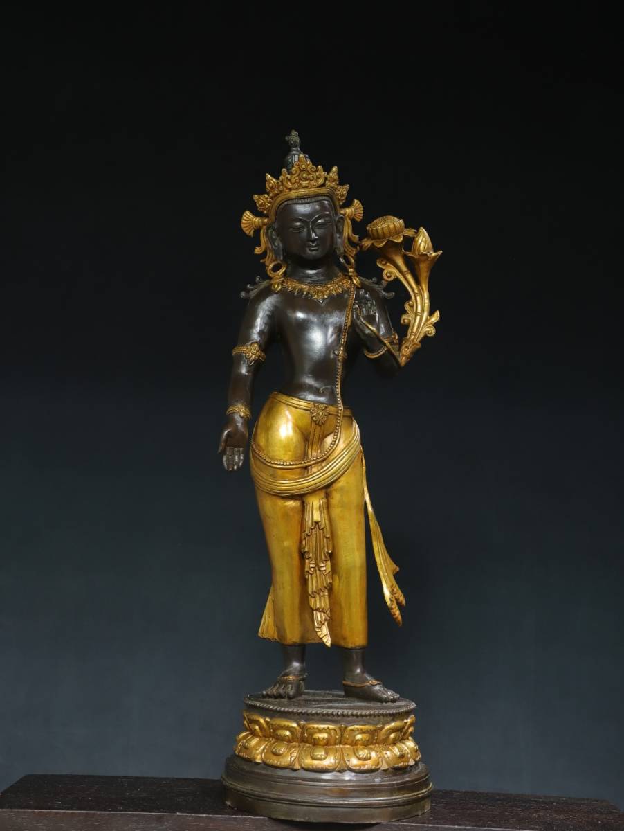 ◆旧蔵◆古美術 中国古玩 清代　古銅製　銅塗金　度母　仏立像　極細工 置物 擺件 古賞物　時代物 A19