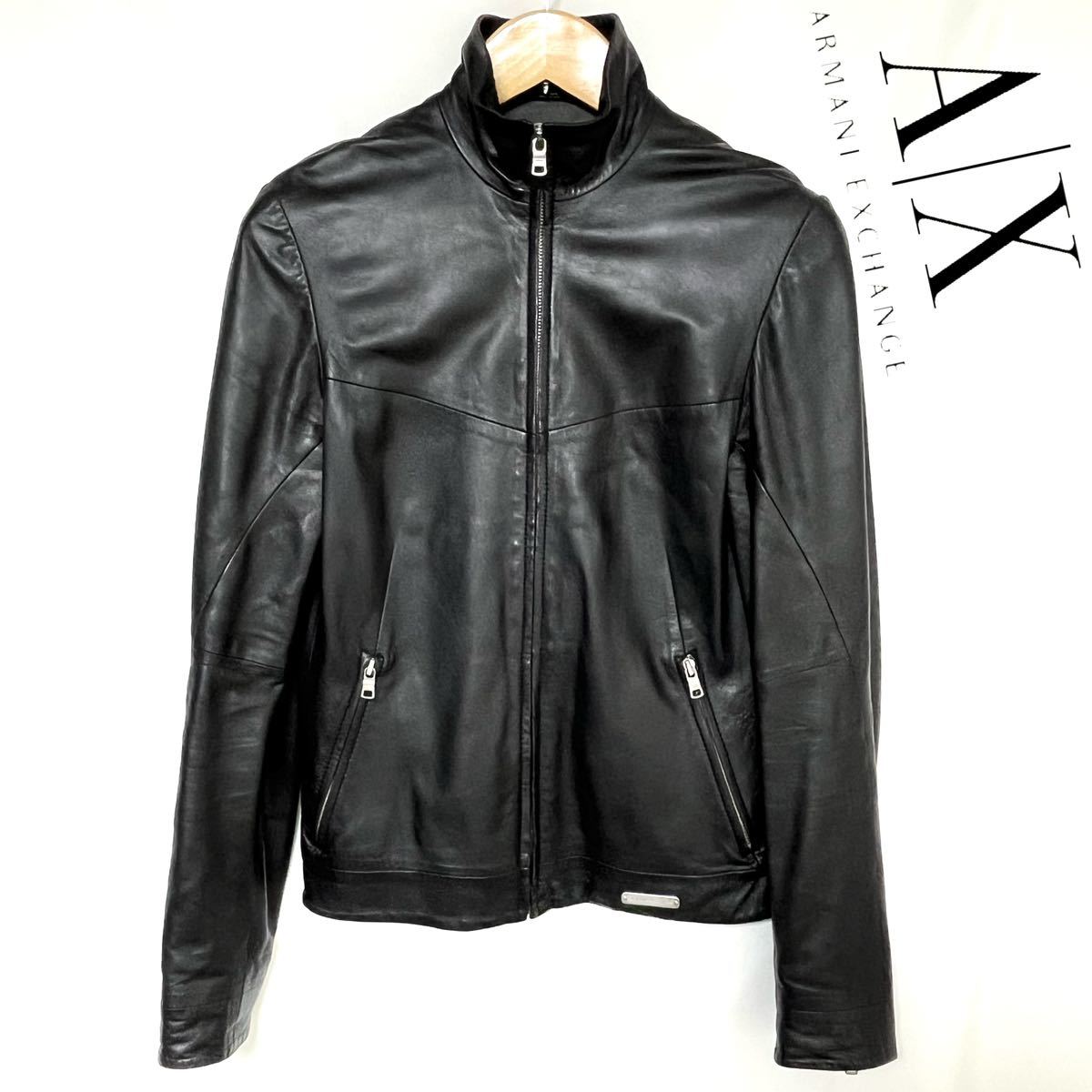 A/X ARMANI EXCHANGE アルマーニ エクスチェンジ シングルライダース レザー ジャケット 羊革 本革 メンズ XS S ブラック　黒色