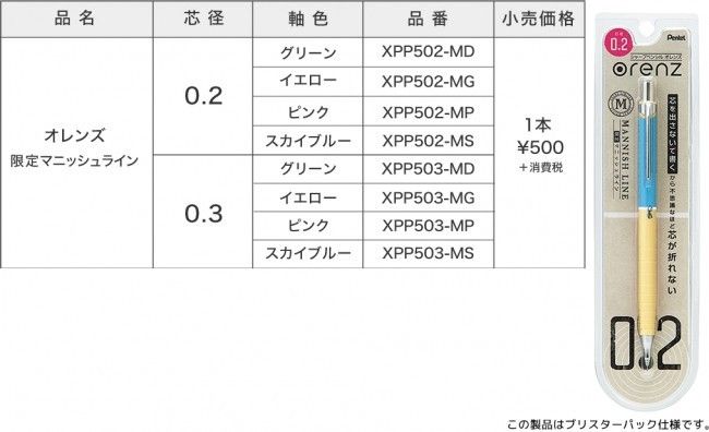 【限定商品】ぺんてる  オレンズ マニッシュライン 0.2mm スカイブルー軸 XPP502-MS