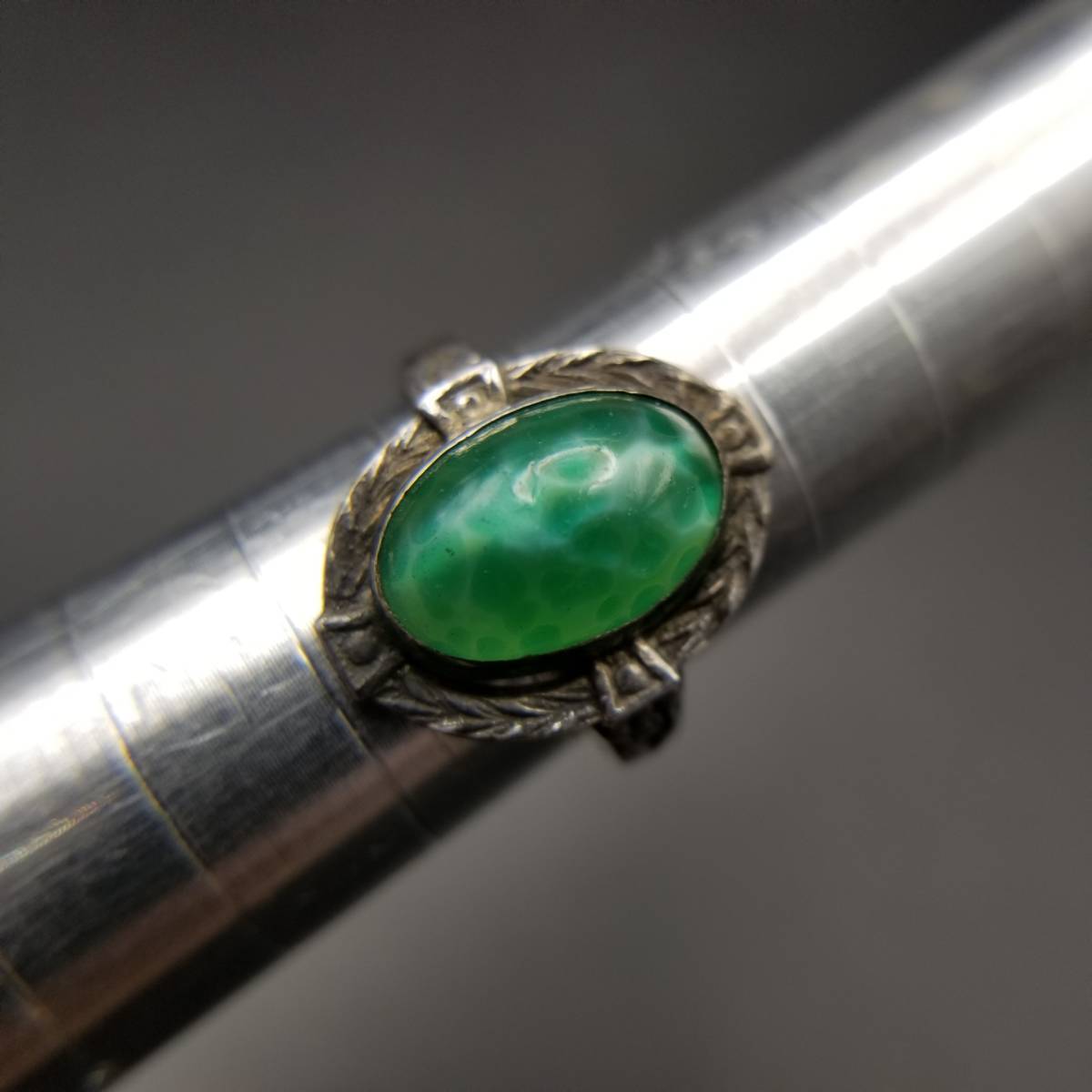  green marble glass kaboshon flower sculpture 925 silver Vintage ring 2.5g silver ring oval knitting rim R9-E