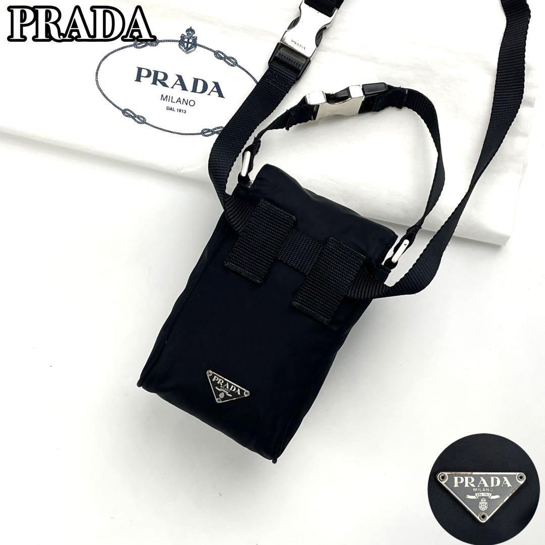 美品■PRADA プラダ ショルダーバッグ 2way 三角プレート スマホケース 斜め掛け ウエストポーチ ボディバッグ テスート ナイロン ブラック