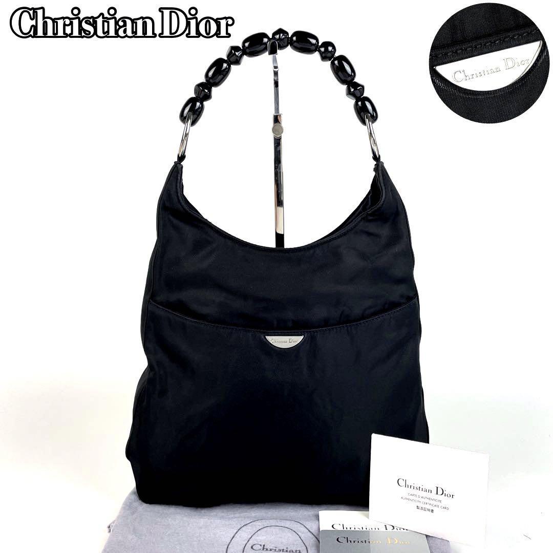 【美品】Christian Dior ディオール ハンドバッグ マリスパール シルバー金具 半月 裏地総柄 カナージュ フォーマル ナイロン 黒  ブラック