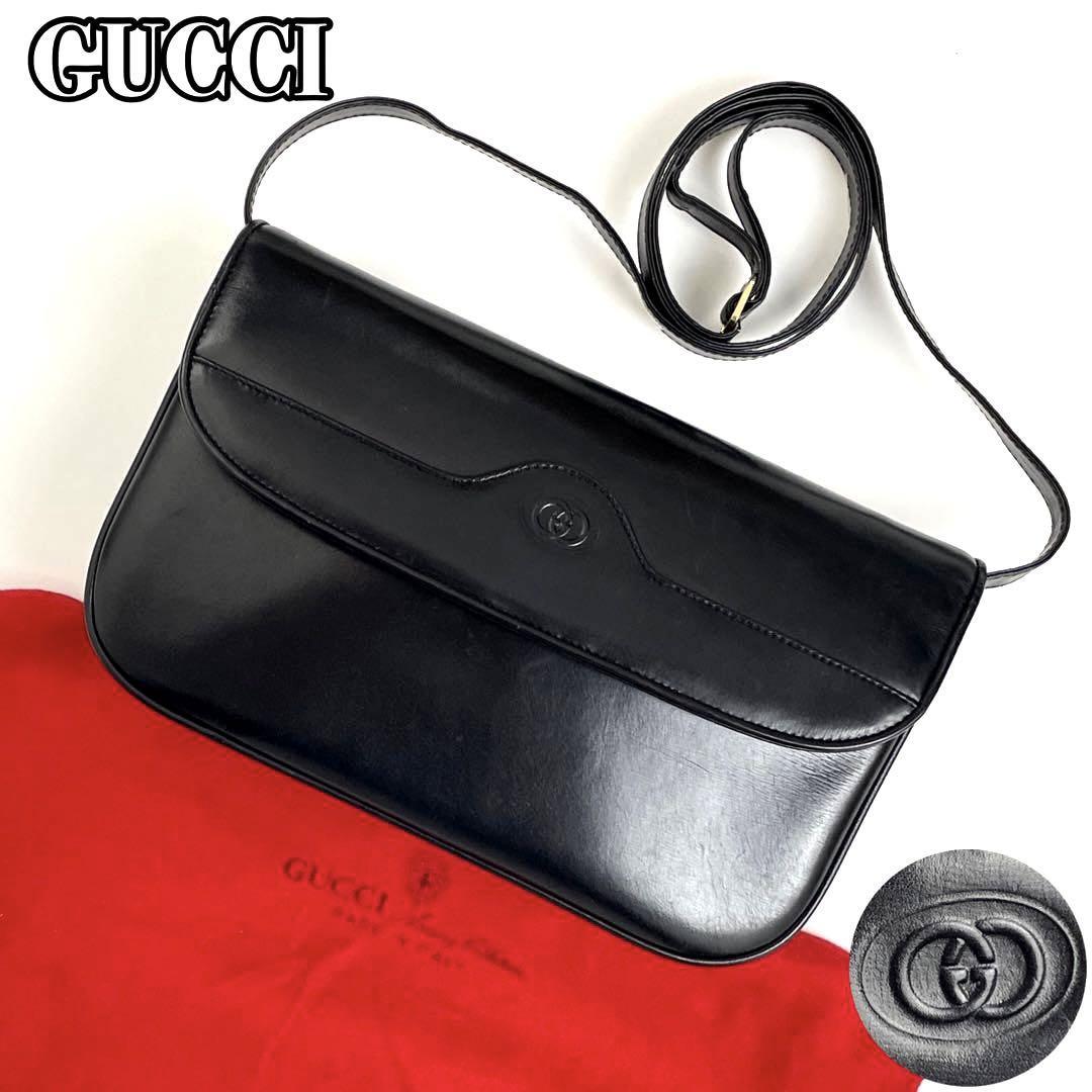 【美品】GUCCI グッチ ショルダーバッグ 2way インターロッキング GG クレスト ロゴ ゴールド金具 男女兼用 フォーマル レザー 黒  ブラック