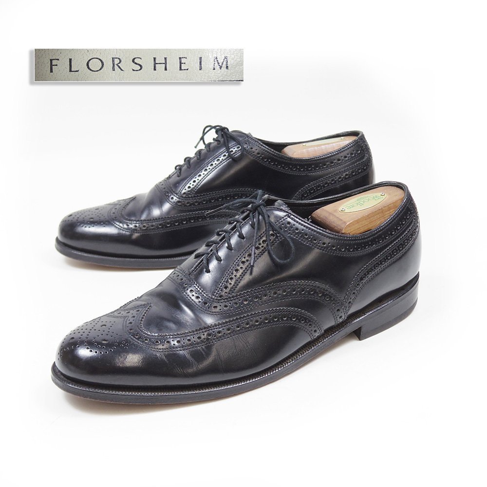 9 3E表記　FLORSHEIM　フローシャイム 　ウィングチップ　フルブローグ　内羽根　メダリオン　ブラック　黒　レザーシューズ　革靴　/U8793