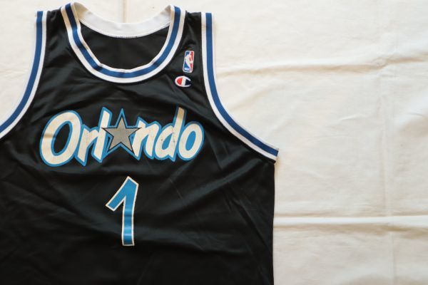 【古着GAME TOPSレア Champion Orlando Magic ユニフォームタンクトップ黒#1】USA製チャンピオンNBAバスケオーランドマジックハーダウェイ