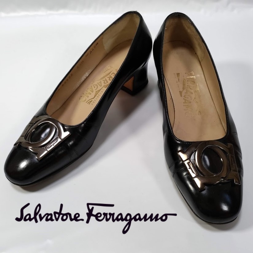 Salvatore Ferragamo フェラガモ ダブルガンチーニ ハイヒール パンプス 4 1/2 22cm 黒 ブラック 靴 革 レザー ガンメタル 金具