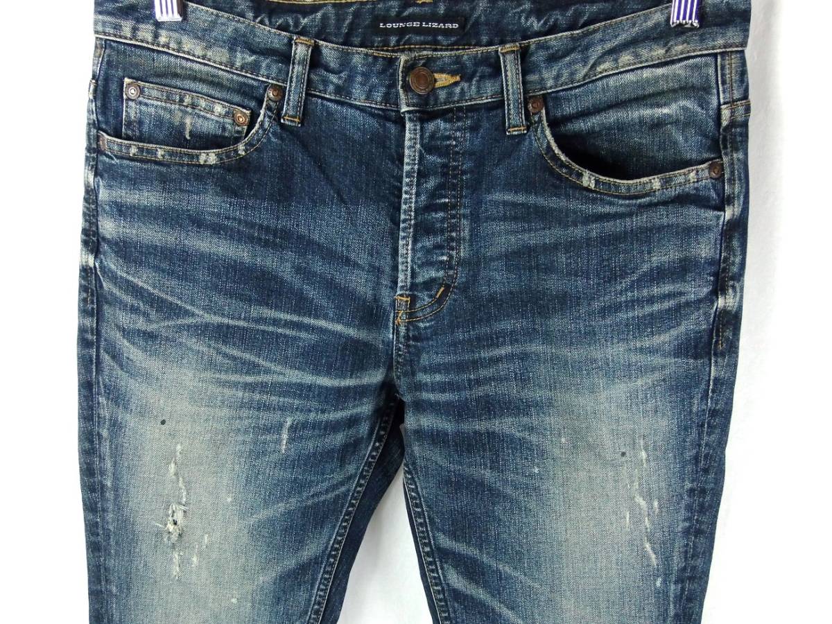 ■LOUNGE LIZARD ラウンジリザード / 6677 STRETCH DENIM / 日本製 メンズ / インディゴ USED加工 ストレッチ スリム デニムパンツ size 1_画像4