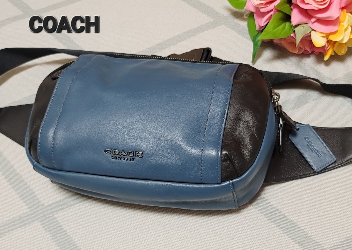 【COACH】コーチ ボディバッグ ウエストバッグ レザー ブルー F37594 メンズ 美品