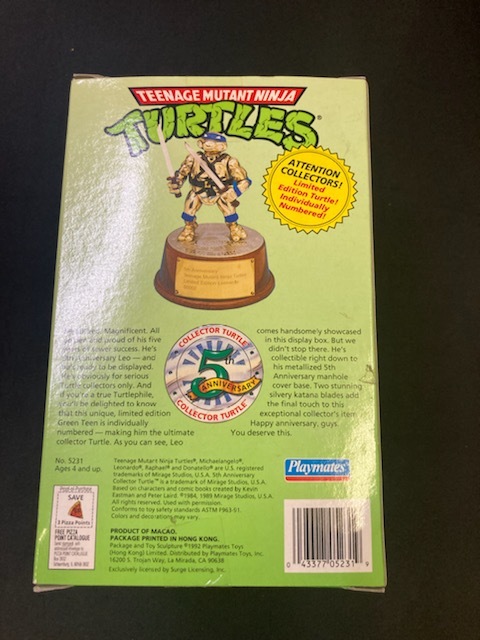 TEENAGE MUTANT NINJA TURTLES タートルズ フィギュア 5TH ANNIVERSARY COLLECTOR TURTLE レオナルド 新品未開封 当時品_画像3