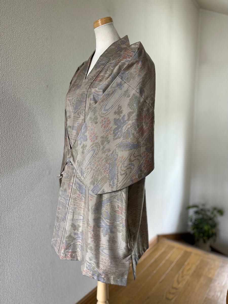 大島紬 作務衣 着物リメイク 古典草花模様 大人可愛い 和物上衣 現品 