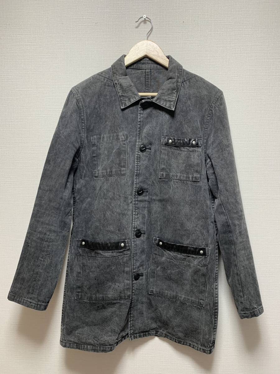 美品☆[STRUM] 16AW 12oz DENIM COVERALL レザー切替 製品加工 デニムカバーオール S 日本製 STC051-03 牛革 ブラック ストラム