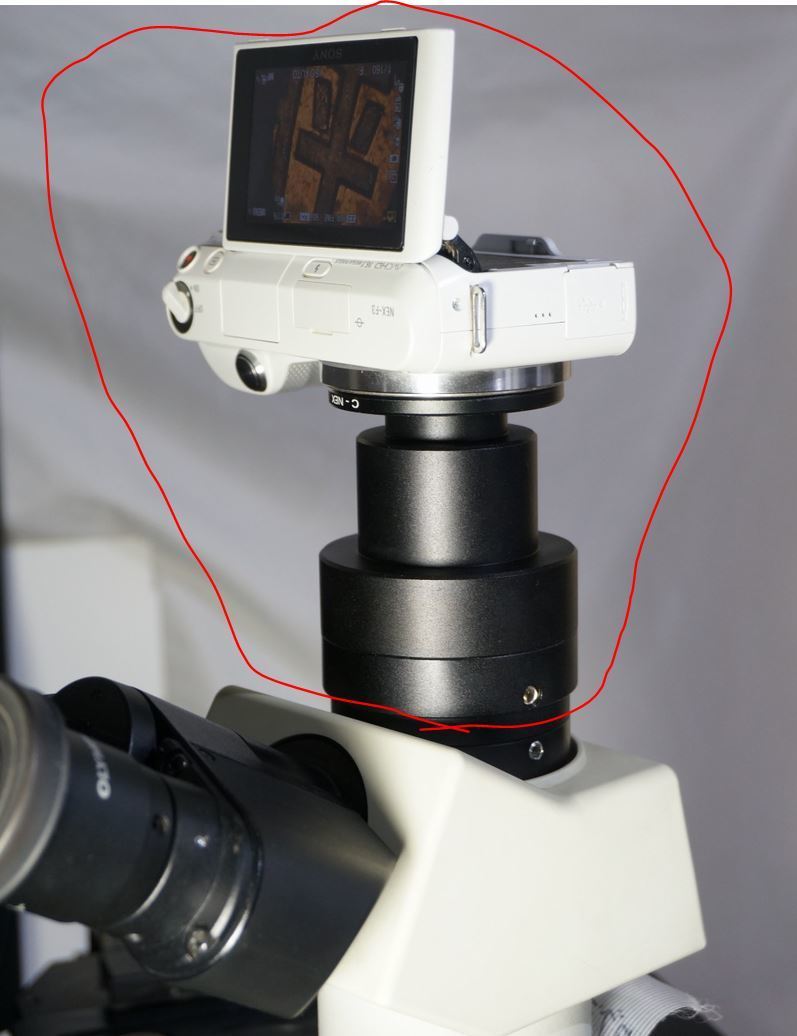 オリンパス顕微鏡 BX,CX,MX,IX,SZXシリーズ等の三眼鏡筒へのカメラマウントアダプタ(新品)と、ミラーレス一眼デジカメ(中古)のセットです。