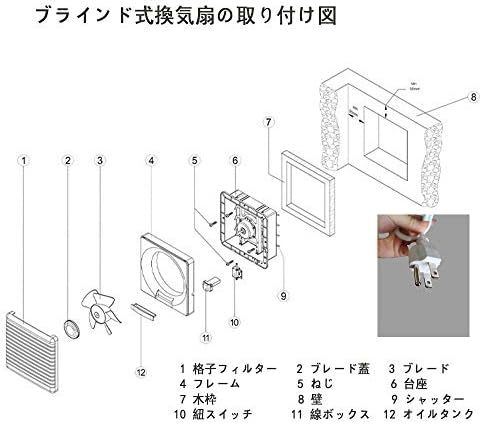 2PΦ200mmパネル300×300mm 換気扇 窓 浴室 給排形 連動式 シャッター 蚊よけ 引きひもスイッチ 格子フィルター 2個以上を買うと_画像4