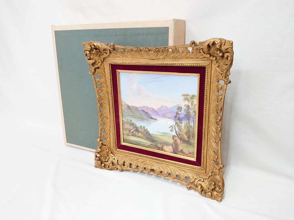 R-070763　英国　古窯　十九世紀　色絵　山湖風景文　美しい風景を堪能できる陶額(絵画、額装、陶画、箱付き、イギリス)(R-070763)