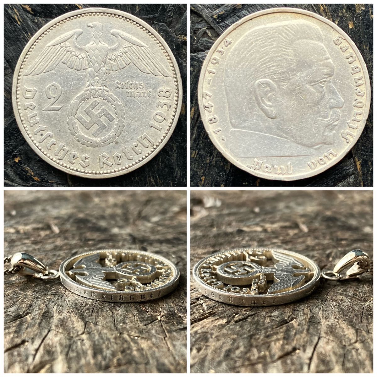 銀貨 ドイツ カットコイン ペンダント ネックレス 外国コイン ReD Jewelry アクセサリー 2マルク オシャレ