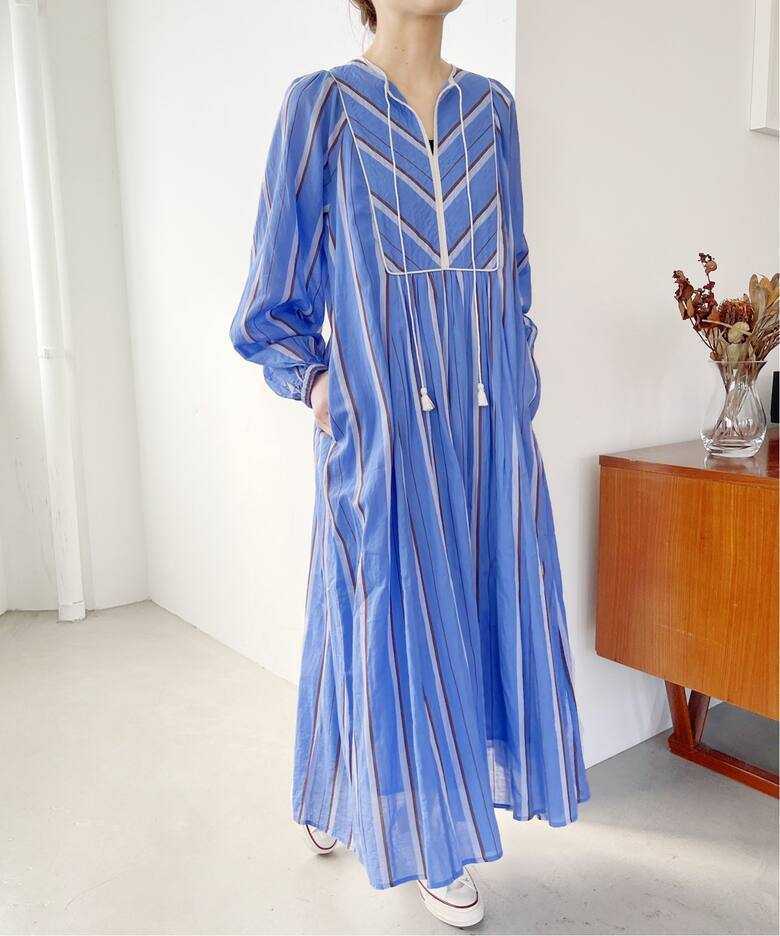 即決 新品 未使用 タグ付き スピックアンドスパン【ne Quittez pas / ヌキテパ】COTTON VOILE STRIPE DRESS ブルーA イエナ 石田ゆり子