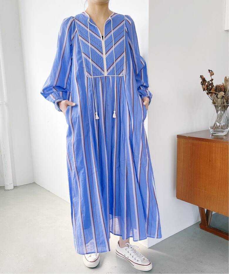 即決 新品 未使用 タグ付き スピックアンドスパン【ne Quittez pas / ヌキテパ】COTTON VOILE STRIPE DRESS ブルーA イエナ 石田ゆり子_画像7