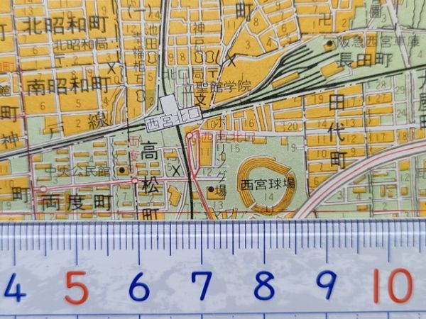 mC28【地図】西宮市 昭和46年 [バス路線・停留所名入 阪神国道線甲子園線武庫川線 西宮球場 阪神パーク 小西酒造 立聖館学院 川鉄グランド_定規は出品物には含まれません。