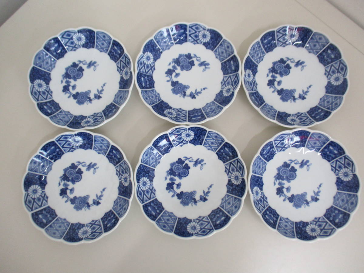 F22 BLUE IMARI medium-sized dish 6 pieces set 19cm retro rare ceramics and porcelain Imari blue and white ceramics 