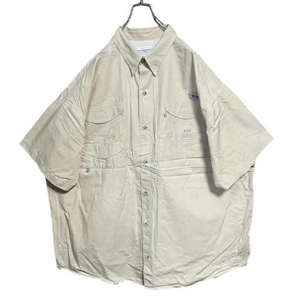 ★訳あり★Columbia 半袖シャツ XXL ベージュ PFG ベンチレーション 刻印ボタン フィッシングシャツ コロンビア古着 洗濯 プレス済み 0888の画像1