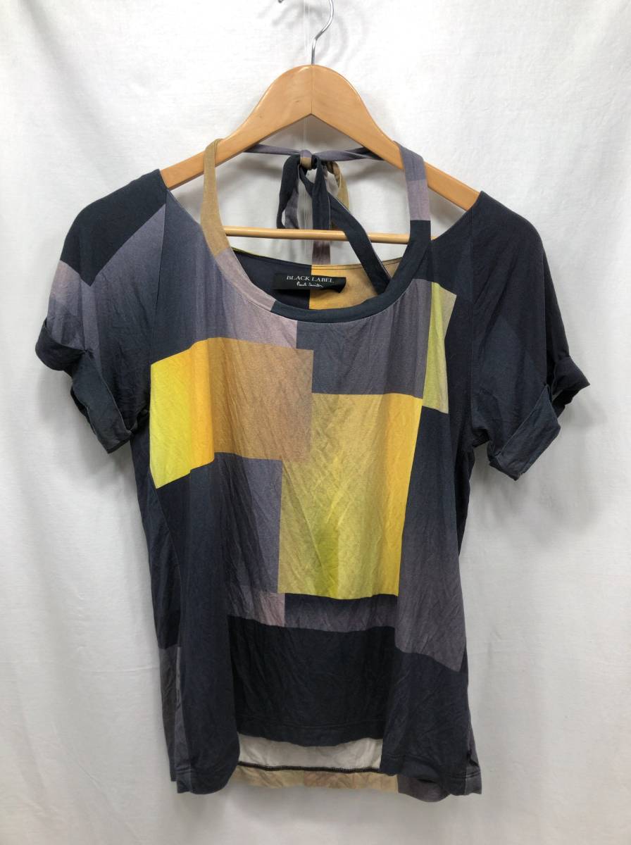 BLACK LABEL paul smith Tシャツ 半袖 レディース 幾何学模様 M グレーxイエロー ポールスミス 23092202_画像1