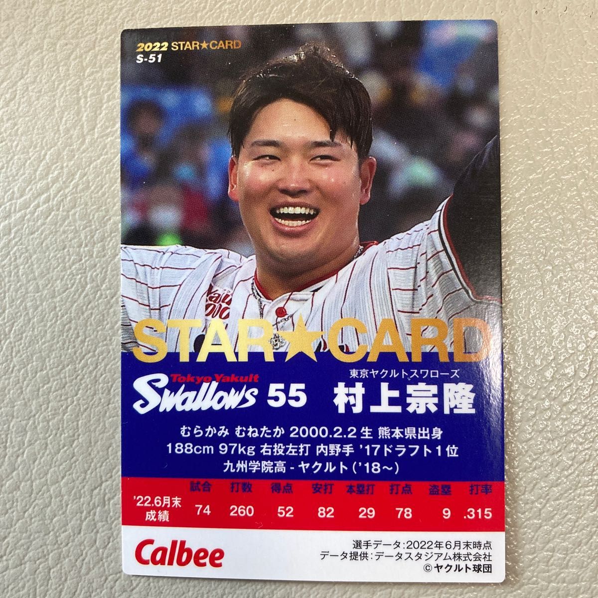 村上宗隆　東京ヤクルトスワローズ　プロ野球チップスカード2022  STAR☆CARD　WBC選手