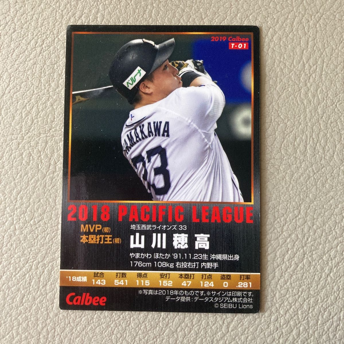 山川穂高　プロ野球チップス2019　サインカード　 元埼玉西武ライオンズ カルビー　2018MVP&本塁打王　WBC選手