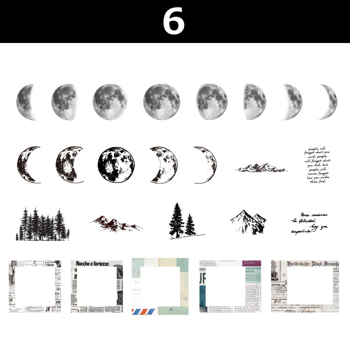 45枚 月 モノクロ フレーム シール 透明ステッカー デコステッカー アンティーク調 コラージュ レトロ 耐水 0321-6_画像1