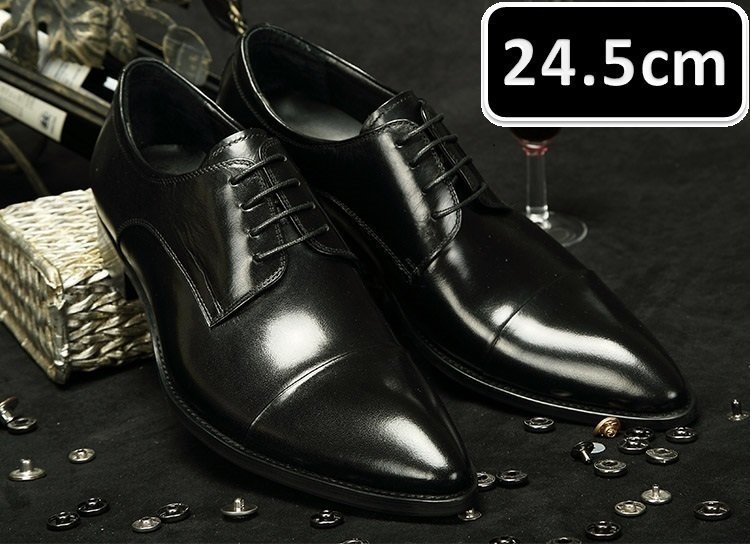 メンズ ビジネス レザー シューズ 本革 紐 艶ブラック サイズ 24.5cm 革靴 靴 カジュアル 屈曲性 通勤 軽量 新品 【apa-163】